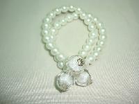 Fab 2 Row Glass White Faux Pearl Bead and Lucite Stretch Bracelet 