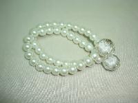 Fab 2 Row Glass White Faux Pearl Bead and Lucite Stretch Bracelet 