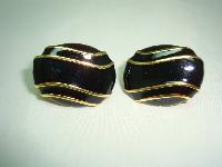 Vintage 80s Signed Napier Black Enamel and Gold Oval Clip On Earrings