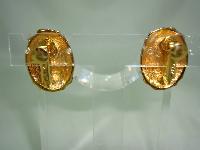 Vintage 80s Signed Napier Black Enamel and Gold Oval Clip On Earrings
