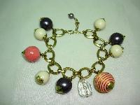 Vintage 50s Style Chunky Cream Pink Purple Glass Bead Charm Bracelet