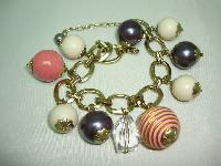 Vintage 50s Style Chunky Cream Pink Purple Glass Bead Charm Bracelet