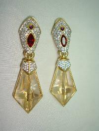 Signed Swarovski Red and Clear Crystal Dangle Gold Clip On Earrings 