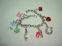 Fabulous Enamel and Diamante Silvertone Charm Bracelet 8 Super Charms