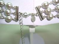 1950s Style 3 Row Grey Faux Pearl Bead Necklace Black Enamel Flower