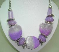 Stunning Chunky Purple and Clear Lucite Bead and Silver Disc Necklace