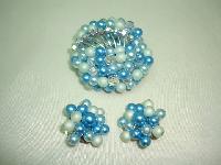 1950s Teal Blue Pearl Crystal Bead Diamante Brooch and Clip Earrings 
