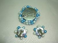 1950s Teal Blue Pearl Crystal Bead Diamante Brooch and Clip Earrings 