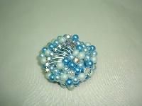 1950s Teal Blue Pearl Crystal Bead Diamante Brooch and Clip Earrings 