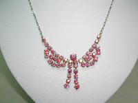 Vintage 50s Charming Pink AB Diamante Rhinestone Bow Drop Necklace