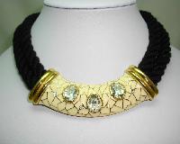 Designer 80s Chunky Two Row Black Cord Cream Enamel Diamante Necklace