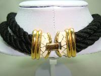 Designer 80s Chunky Two Row Black Cord Cream Enamel Diamante Necklace