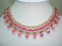 50s 3 Row AB Pink Glass Bead Drop Necklace Ster Silver Diamante Clasp!