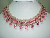 50s 3 Row AB Pink Glass Bead Drop Necklace Ster Silver Diamante Clasp!