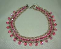 50s 3 Row AB Pink Glass Bead Drop Necklace Ster Silver Diamante Clasp!