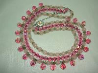 50s 3 Row AB Pink Glass Bead Drop Necklace Ster Silver Diamante Clasp!