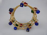 Fab 1960s WideTextured Red Green Blue Glass Dangle Charm Gold Bracelet