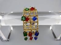 Fab 1960s WideTextured Red Green Blue Glass Dangle Charm Gold Bracelet
