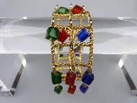 Fab 1960s WideTextured Red Green Blue Glass Dangle Charm Gold Bracelet