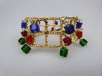 Fab 1960s WideTextured Red Green Blue Glass Dangle Charm Gold Bracelet