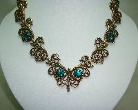 1950s Signed Jewelcraft Ornate Sparkling Green Diamante Gold Necklace