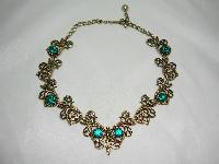 1950s Signed Jewelcraft Ornate Sparkling Green Diamante Gold Necklace
