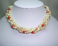 Vintage 50s Pretty 4 Row Faux Pearl and Orange Bead Torsade Necklace