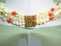 Vintage 50s Pretty 4 Row Faux Pearl and Orange Bead Torsade Necklace