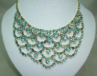 1950s Glam Aqua Blue Diamante Festoon Cascade Necklace Statement Piece