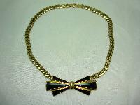 Vintage 80s Adorable Black Enamel and Gold Bow Necklace Named