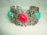 Vintage 50s Wide Green & Red Glass Stone Ornate Silvertone Bracelet 