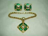 Vintage 1980s Fab Green Enamel and Gold Earrings and Bracelet Set