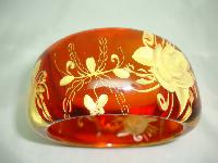 1950s Style Chunky Clear Amber  Lucite Reverse Carved Flower Bangle