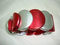 Eye Catching Wide Metallic Red and Silver Circle Stretch Bracelet Fab!