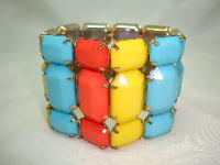 Stunning Wide Yellow Orange Blue Lucite Chunky Stretch Cuff Bracelet