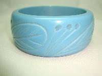 Vintage 50s Style Wide Turquoise Blue Carved Floral Plastic Bangle