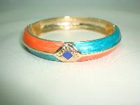 Vintage 80s Quality Orange and Green Enamel Stripe Goldtone Bangle