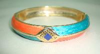 Vintage 80s Quality Orange and Green Enamel Stripe Goldtone Bangle