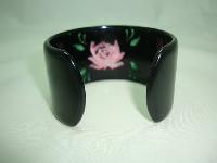 1950s Style Wide Black Pink Rose Reverse Carved Lucite Cuff Bangle Fab