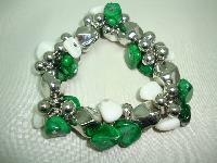 Fab Green and White Semi Precious Bead Silver Bauble Stretch Bracelet