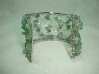 Unique Wide Knitted Wire Green Jade Bead Silvertone Cuff Bracelet 