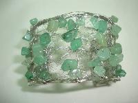 Unique Wide Knitted Wire Green Jade Bead Silvertone Cuff Bracelet 