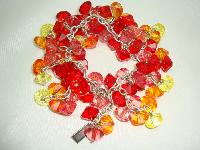 Signed Tosh Red Pink Orange Lemon Lucite Bead Cluster Charm Bracelet