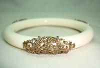 Vintage 70s Fab Cream Lucite and Goldtone Filigree Embellished Bangle