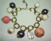 Vintage 50s Style Chunky Cream Pink Purple Glass Bead Charm Bracelet