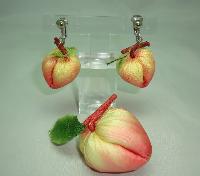 Vintage 50s Adorable Silk Peach Fruit Brooch and Clip On Earrings Set