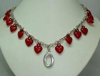 Vintage 80s Stunning Red Lucite Heart Bead Charm Silver Link Necklace