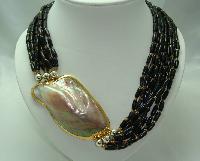Vintage 70s 9 Row Brown Bead Necklace Huge MOP Side Feature Fabulous!