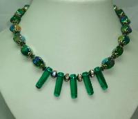 Vintage 50s AB Green Glass Bead & Diamante Necklace WOW