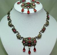 1950s Signed Jewelcraft Ornate Pink Diamante Necklace Brooch Earrings
